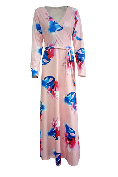 Fashion V Neck Three Quarter Sleeves Floral Print Pink Healthy Fabric Floor Length Dresslw 6443