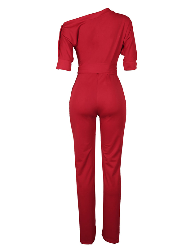 Stylish Oneshoulder Red Polyester Onepiece Jumpsuits(With Belt)LW
