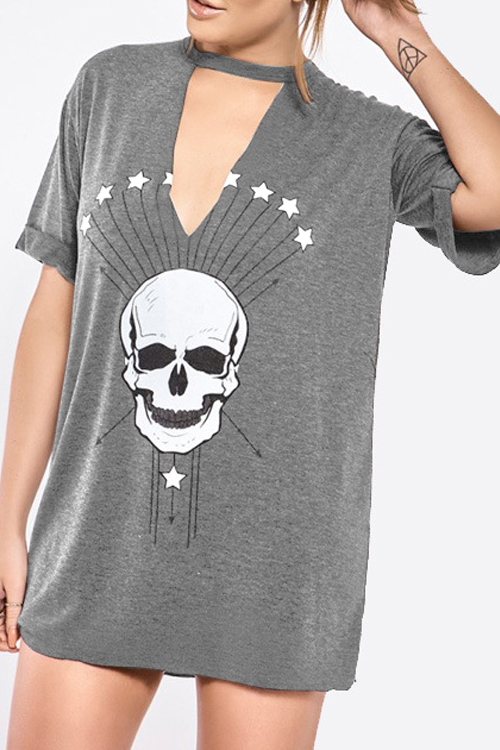 Stage Grey Skull Head Printing T-shirt