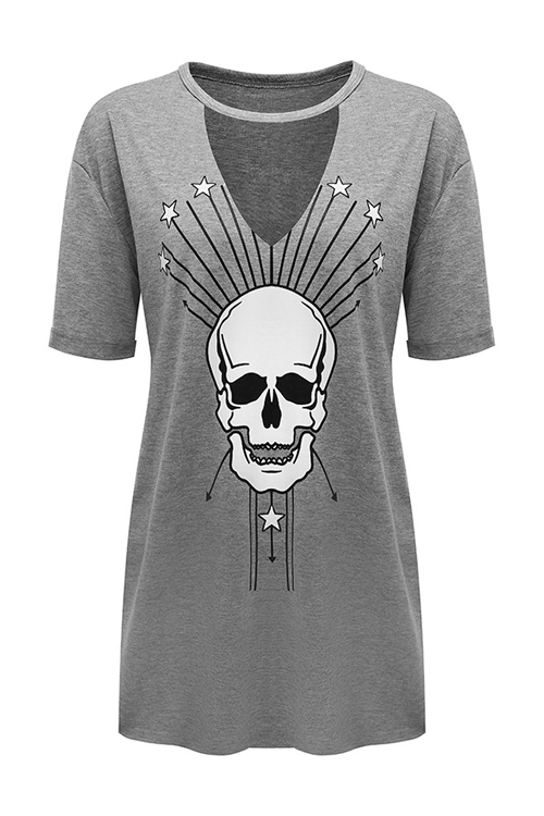Stage Grey Skull Head Printing T-shirt