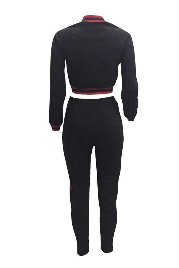 Casual Mandarin Collar Patchwork Black Knitting TwoPiece Pants SetLW