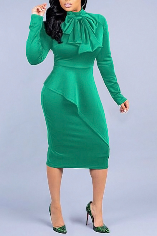 Lovely Elegant Long Sleeves Green Mid Calf DressLW | Fashion Online For ...