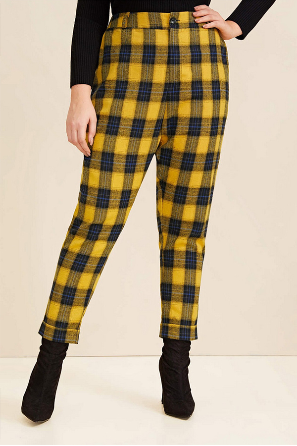 purple and yellow plaid pants