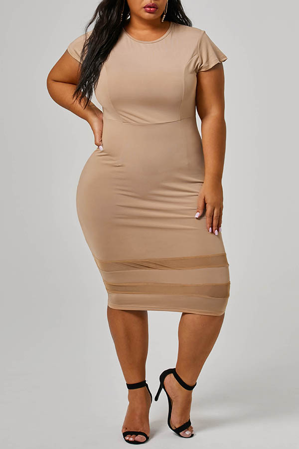 Lovely Casual Patchwork Khaki Knee Length Plus Size DressLW Fashion