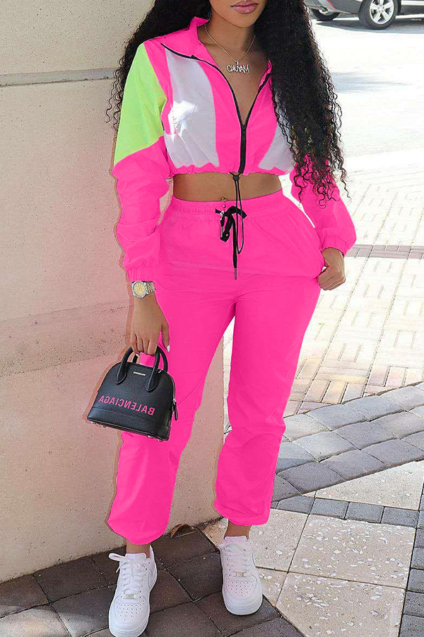 Lovely Casual Turndown Collar Patchwork Pink Two-piece Pants ...