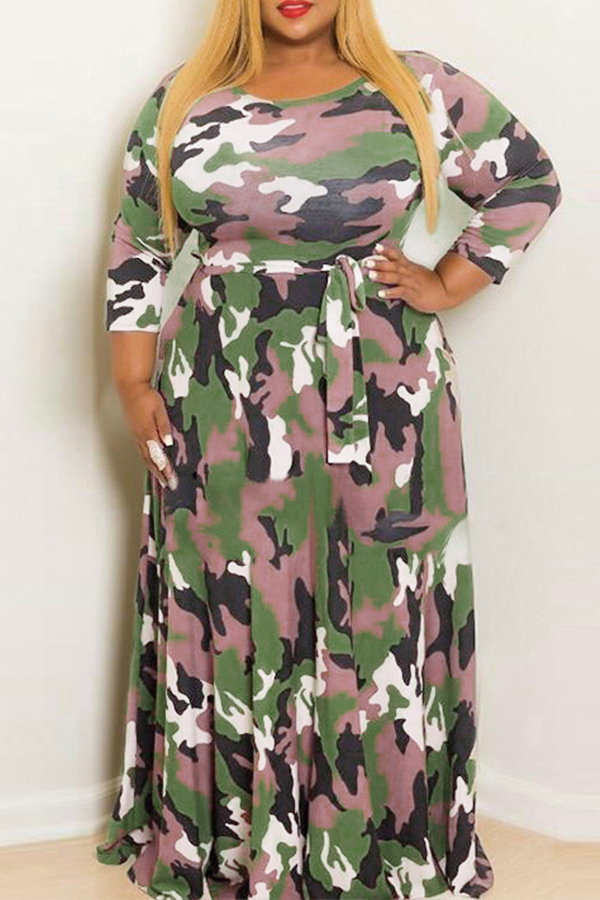 Lovely Casual O Neck Camouflage Printed Army Green Floor Length Plus ...