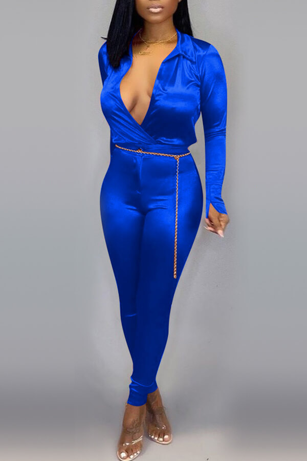 Lovely Trendy Deep V Neck Royal Blue Two Piece Pants Setlw Fashion 