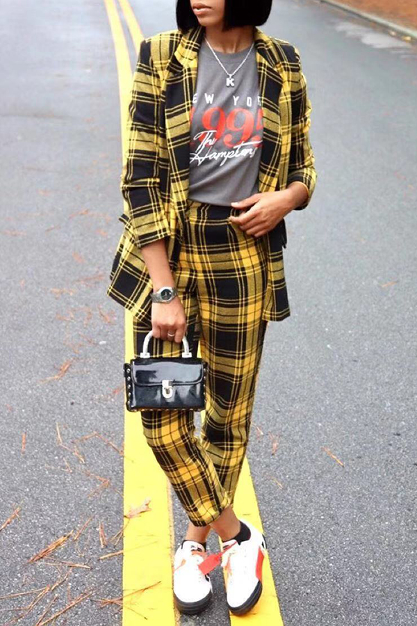Lovely Casual Turn-back Collar Plaid Yellow Two-piece ...