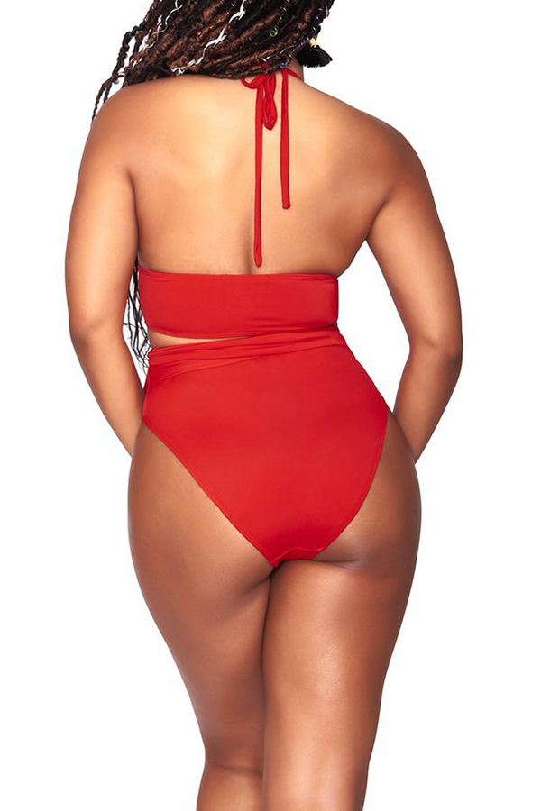 Lovely V Neck Red Plus Size Twopiece SwimwearLW Fashion Online For