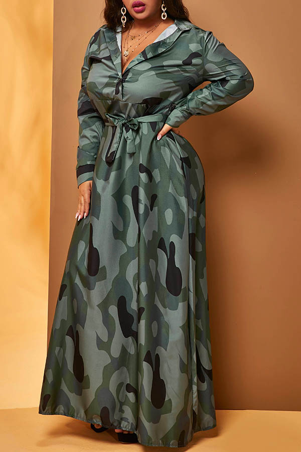 Lovely Casual Turndown Collar Camouflage Printed Green Plus Size Maxi ...
