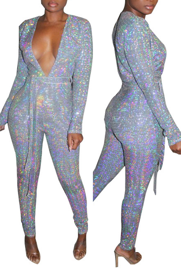 Lovely Sexy Deep V Neck Silver One-piece JumpsuitLW | Fashion Online ...