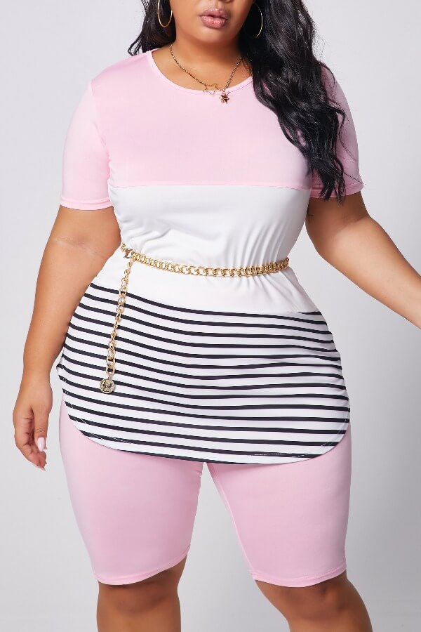 Lovely Plus Size Casual Patchwork Pink Two Piece Shorts Setlw Fashion Online For Women