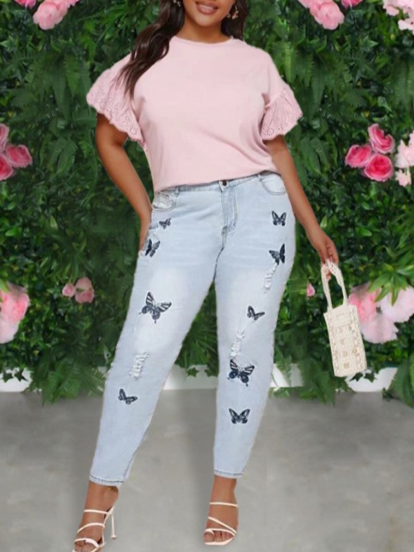 lovely Casual Butterfly Print Baby Blue Plus Size JeansLW Fashion