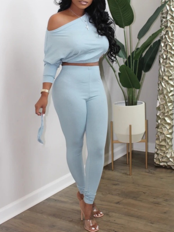 Lovely Casual Basic Asymmetrical Baby Blue Two Piece Pants SetLW ...
