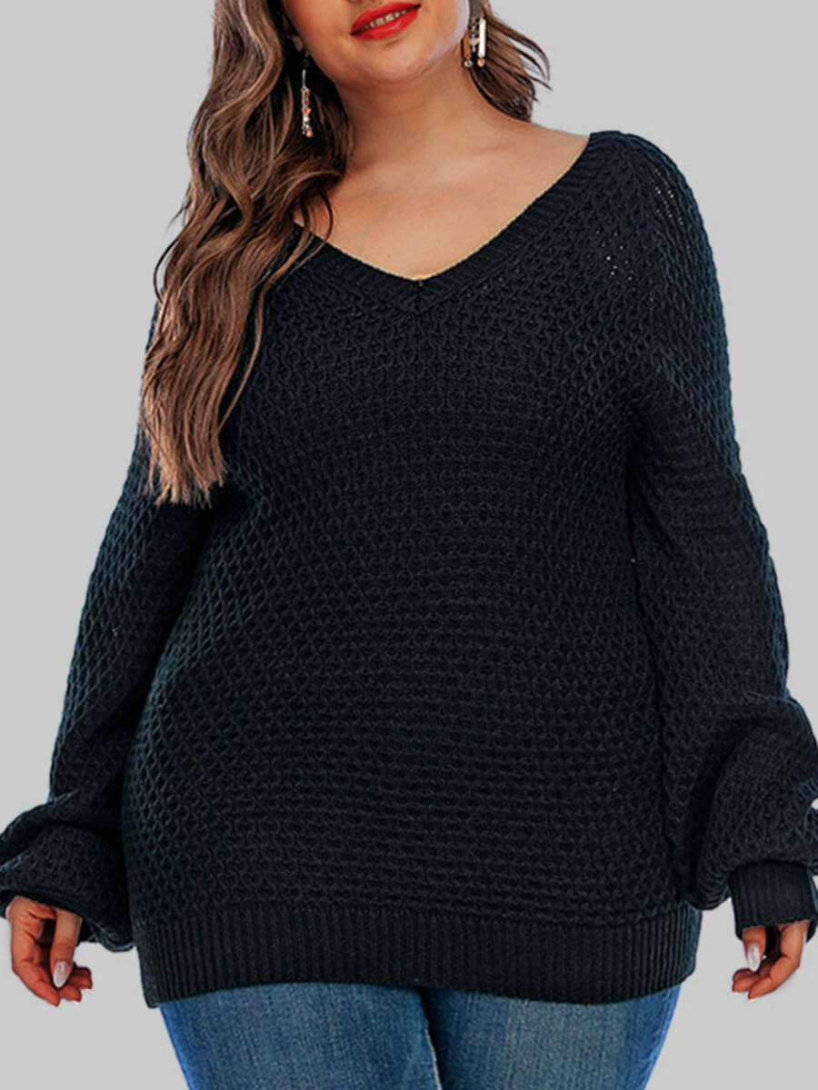Lovely Trendy V Neck Basic Black Plus Size SweaterLW Fashion Online