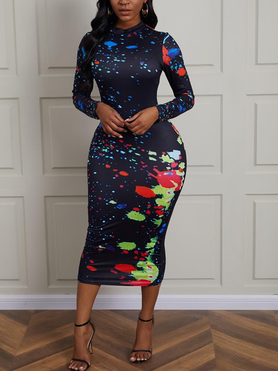 Lovely Casual O Neck Tiedye Print Black Mid Calf DressLW Fashion