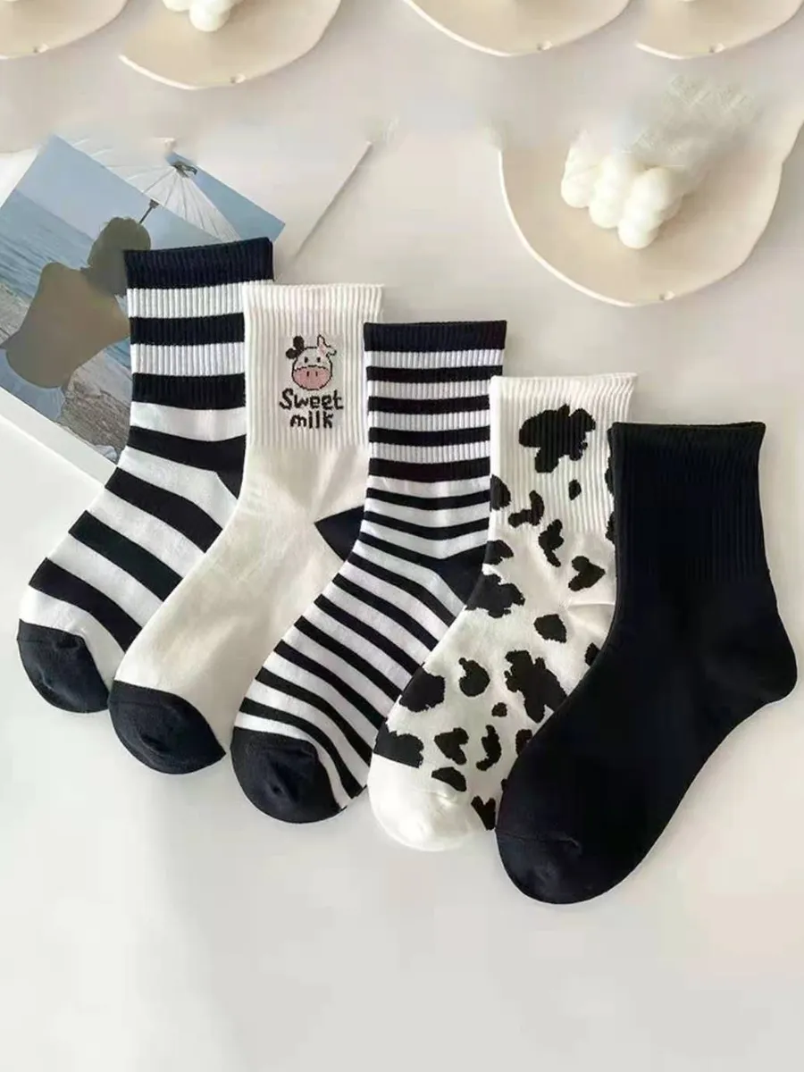 5-Pair LW Men's or Women's Cotton Socks (Cow Print)